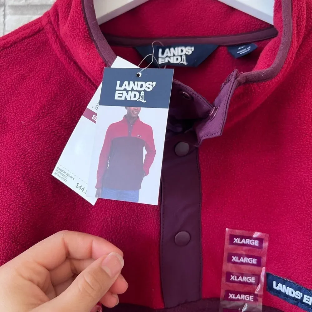Land’s End Men Colorblock Burgundy Red Soft Fleece XL Quarter Button Sweater NWT